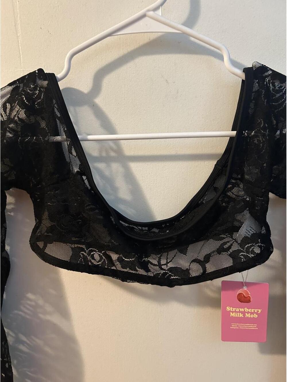 NWT Strawberry Milk Mob black lace shrug crop top with floral design, size S